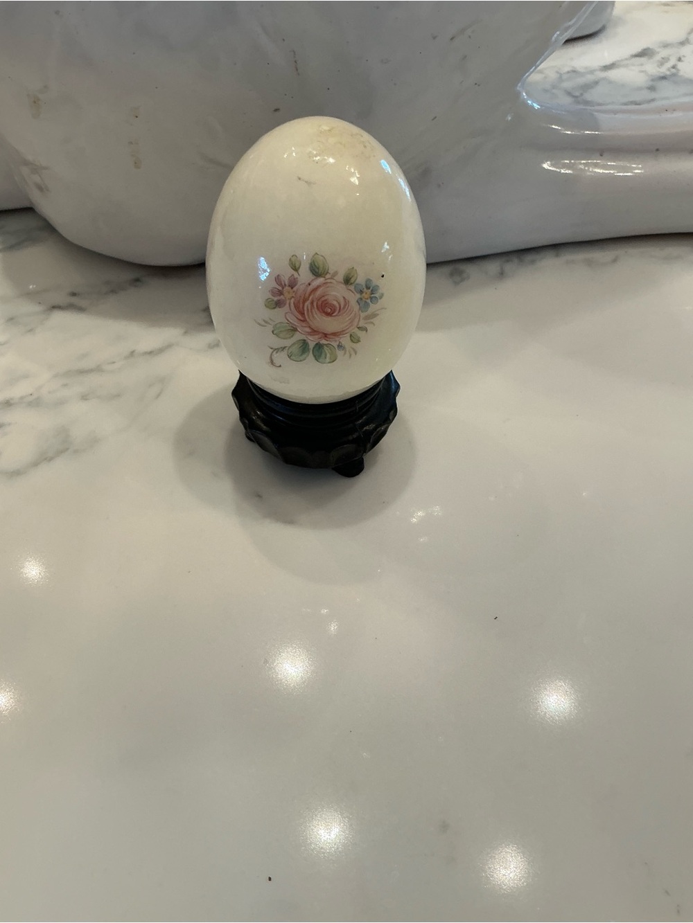 Porcelain Decorative Egg with Pink Rose Accent